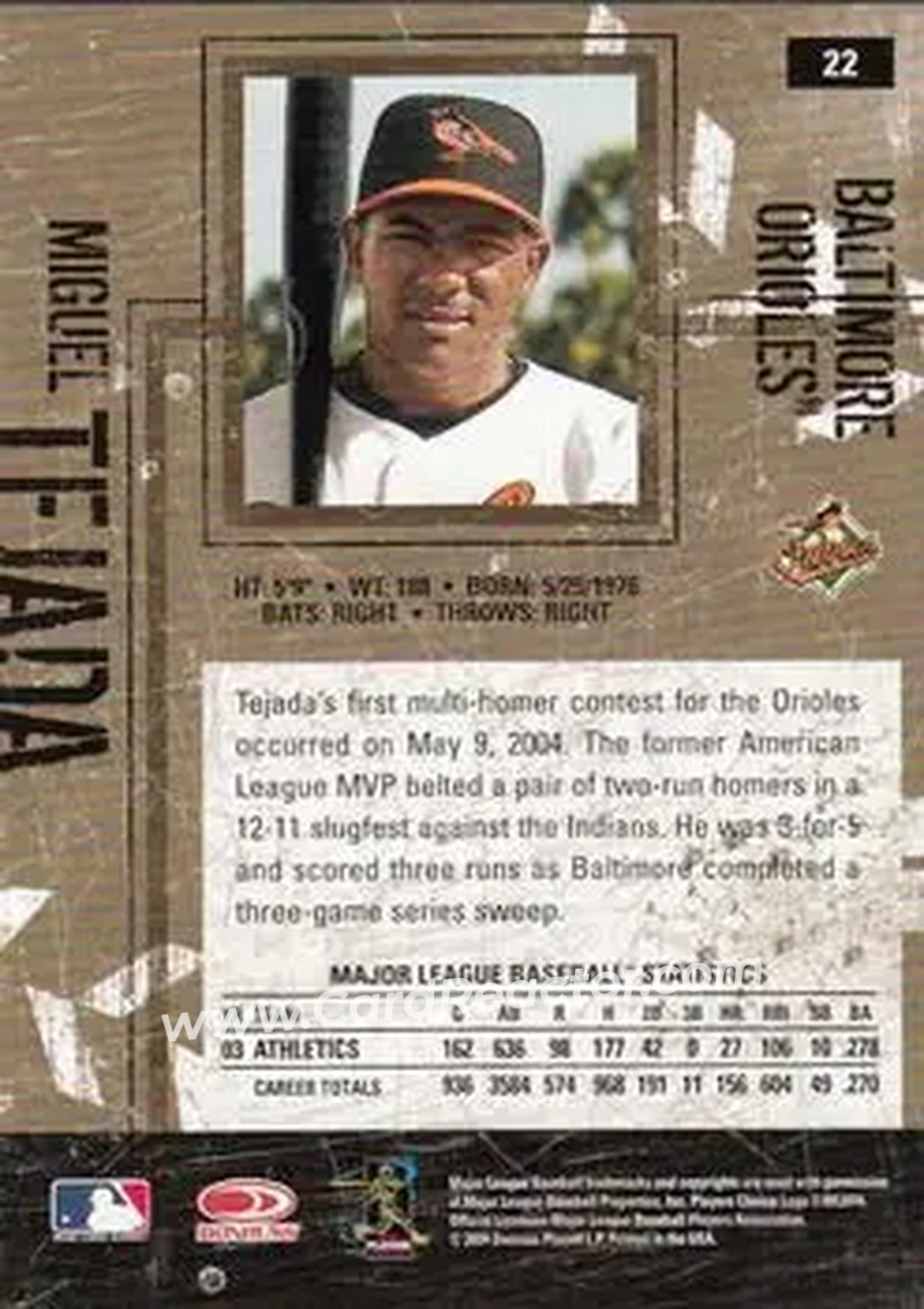 2004 Donruss Leather & Lumber #22 - Miguel Tejada - Baltimore Orioles - Back