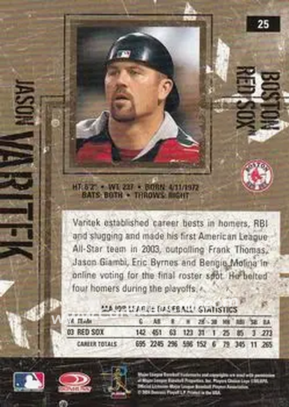 2004 Donruss Leather & Lumber #25 - Jason Varitek - Boston Red Sox - Back