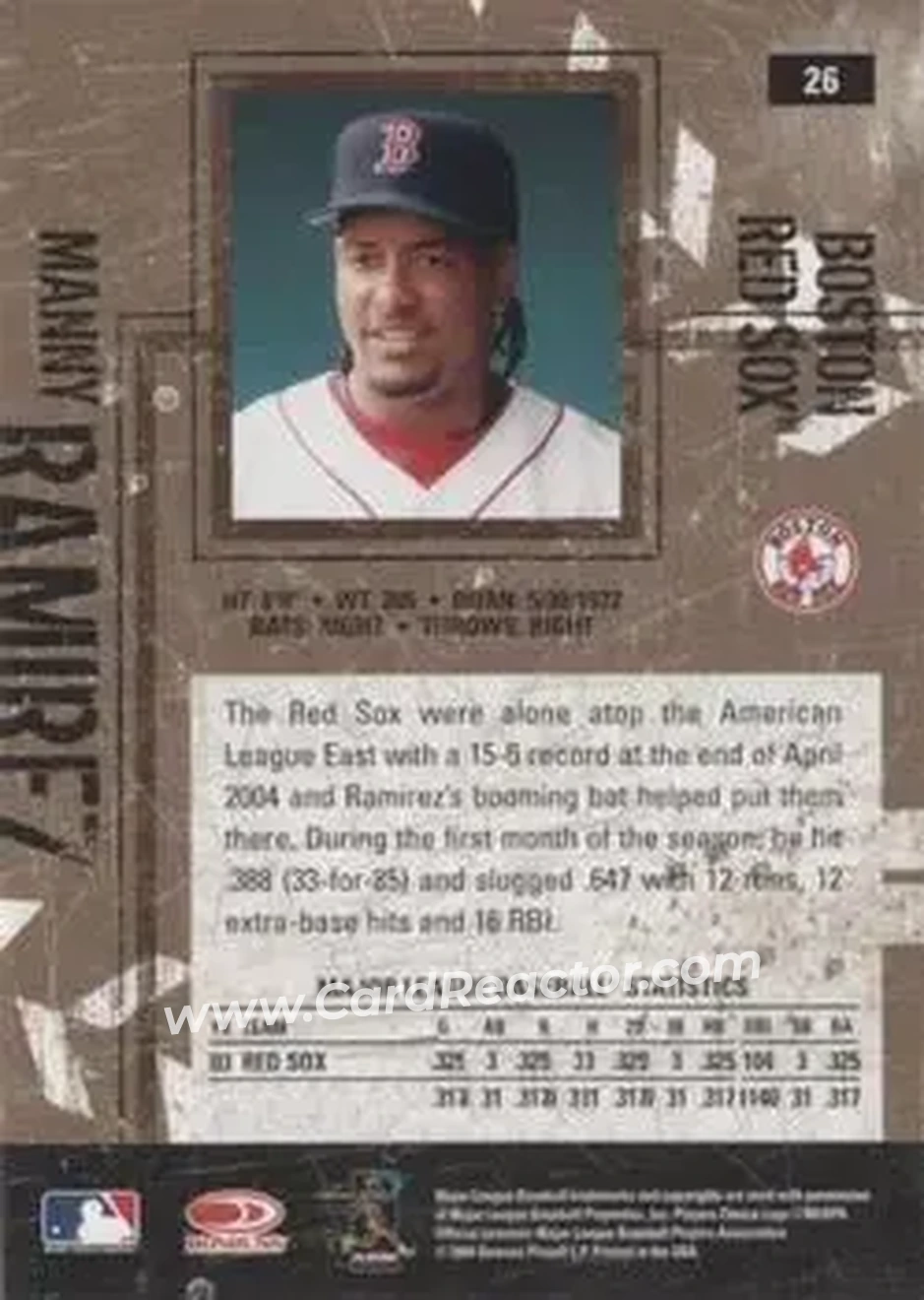 2004 Donruss Leather & Lumber #26 - Manny Ramirez - Boston Red Sox - Back