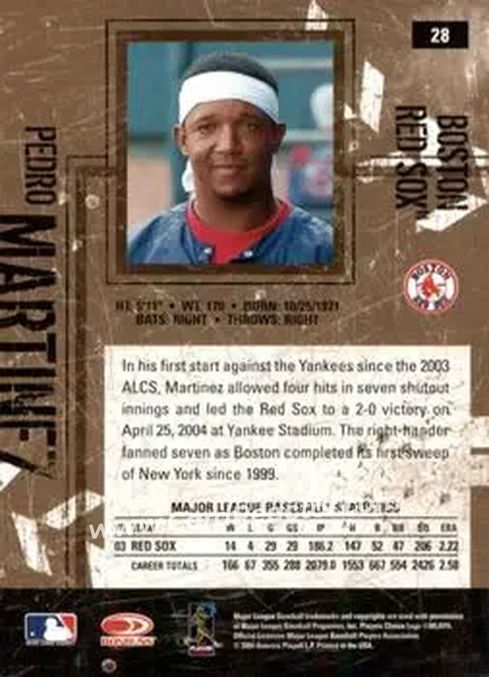 2004 Donruss Leather & Lumber #28 - Pedro Martinez - Boston Red Sox - Back 2004 Donruss Leather & Lumber #28 - Pedro Martinez - Boston Red Sox - Back