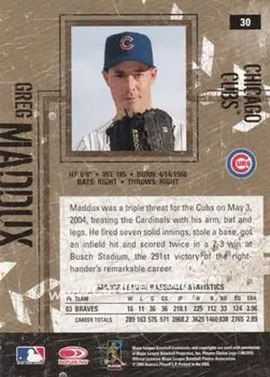 2004 Donruss Leather & Lumber #30 - Greg Maddux - Chicago Cubs - Back