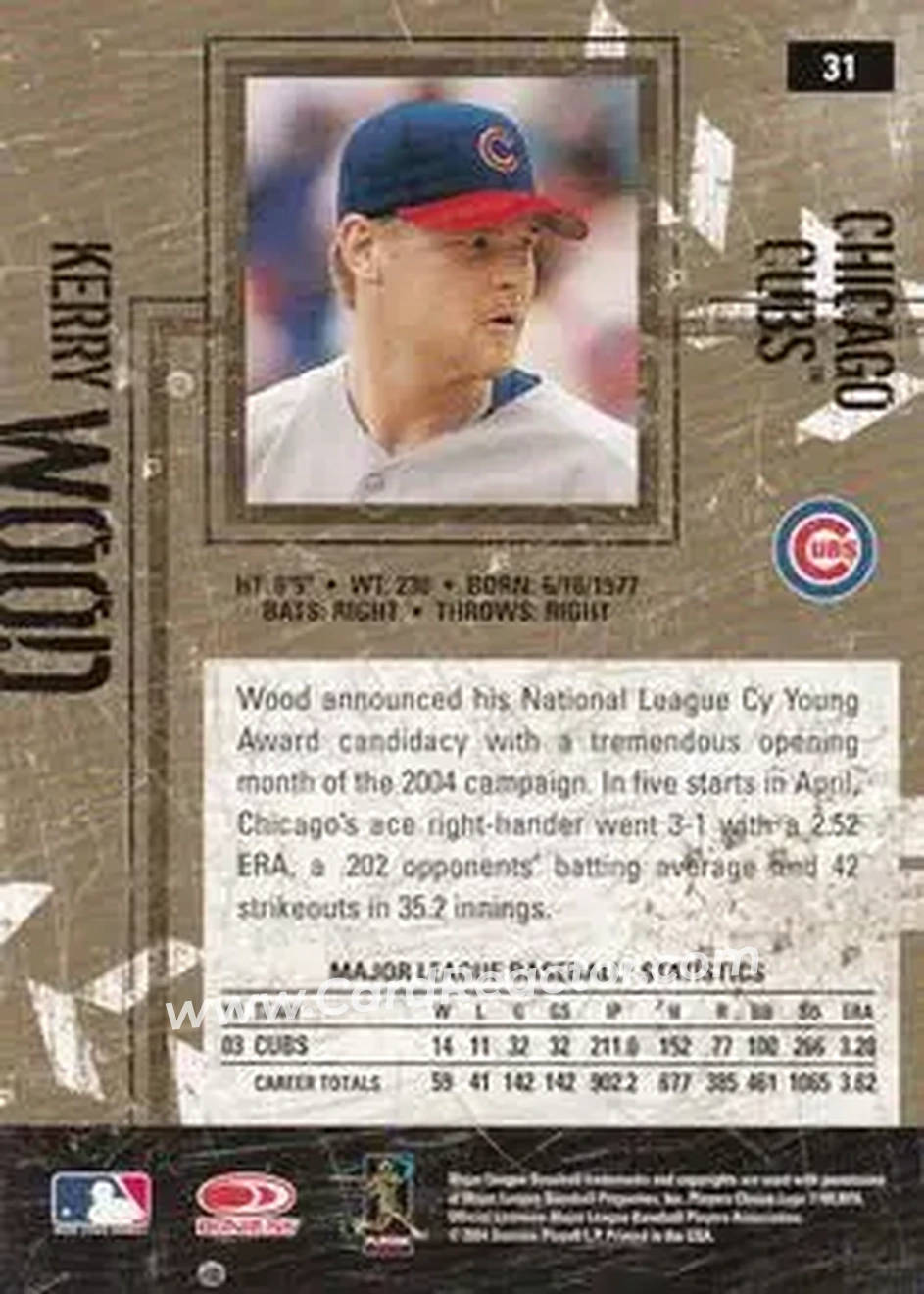 2004 Donruss Leather & Lumber #31 - Kerry Wood - Chicago Cubs - Back 2004 Donruss Leather & Lumber #31 - Kerry Wood - Chicago Cubs - Back