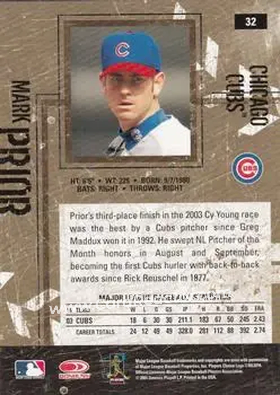 2004 Donruss Leather & Lumber #32 - Mark Prior - Chicago Cubs - Back 2004 Donruss Leather & Lumber #32 - Mark Prior - Chicago Cubs - Back