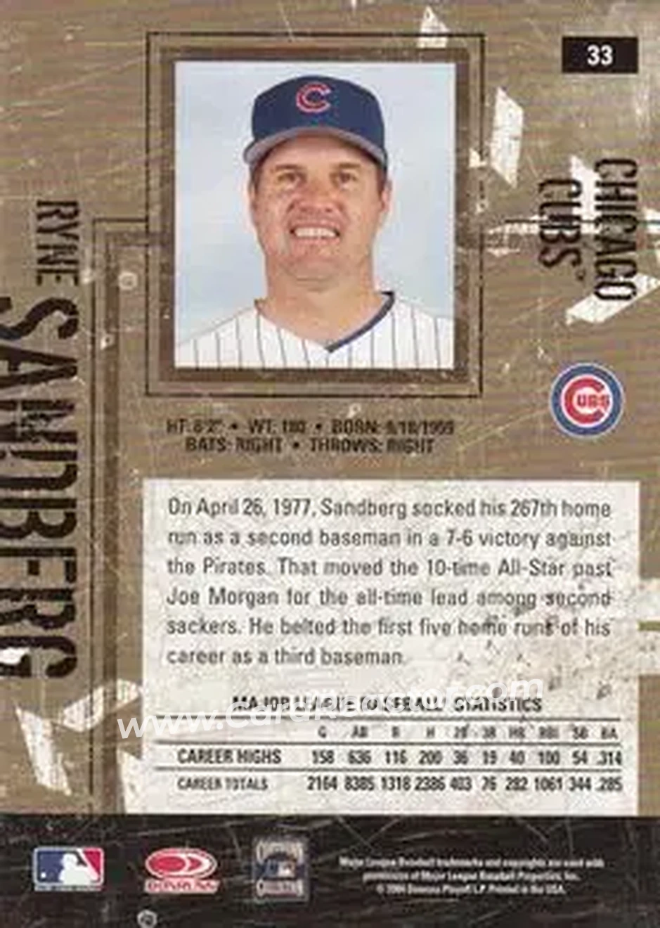 2004 Donruss Leather & Lumber #33 - Ryne Sandberg - Chicago Cubs - Back