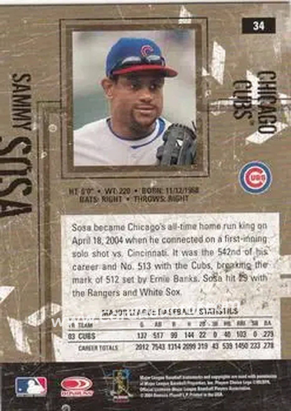 2004 Donruss Leather & Lumber #34 - Sammy Sosa - Chicago Cubs - Back