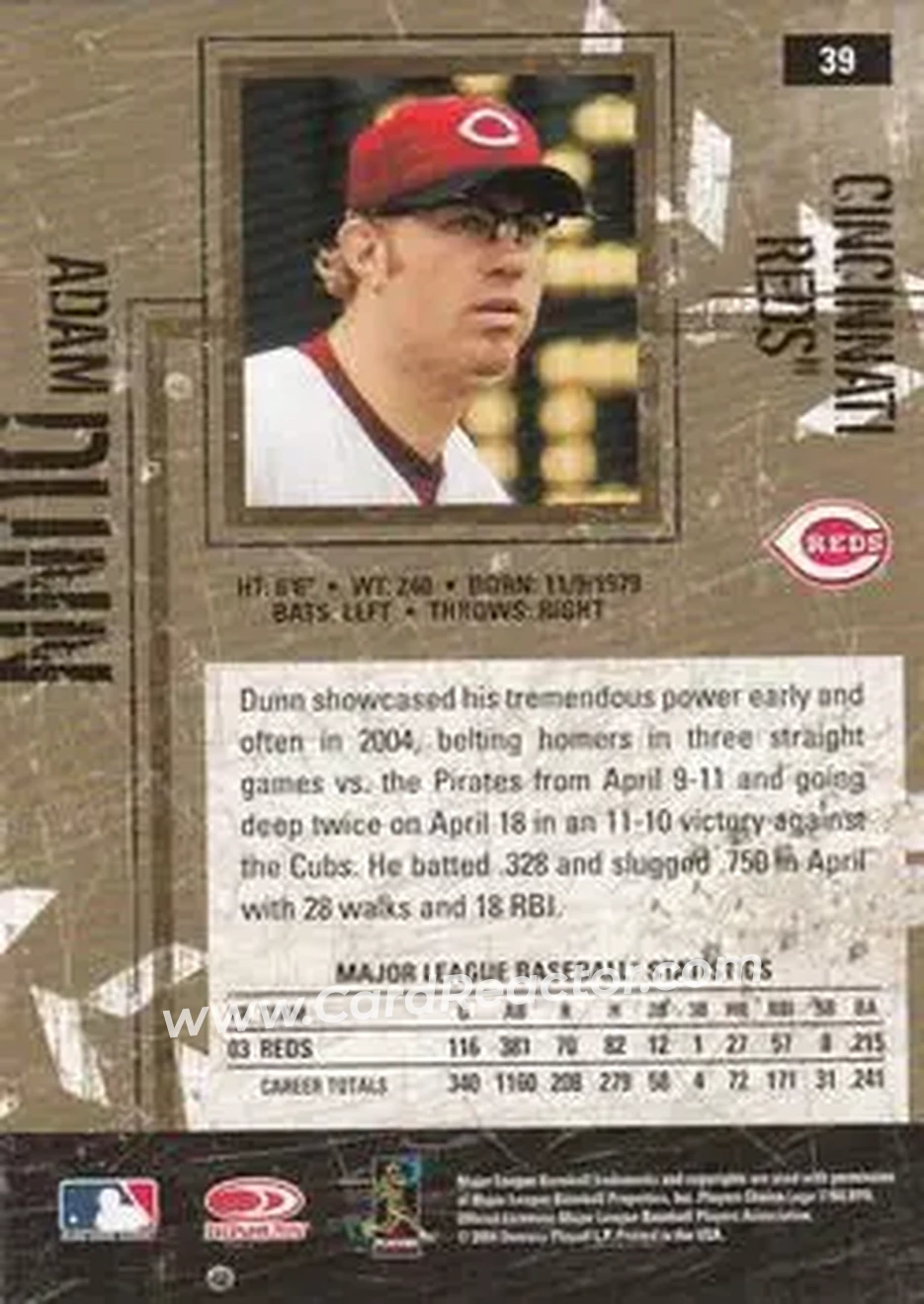 2004 Donruss Leather & Lumber #39 - Adam Dunn - Cincinnati Reds - Back