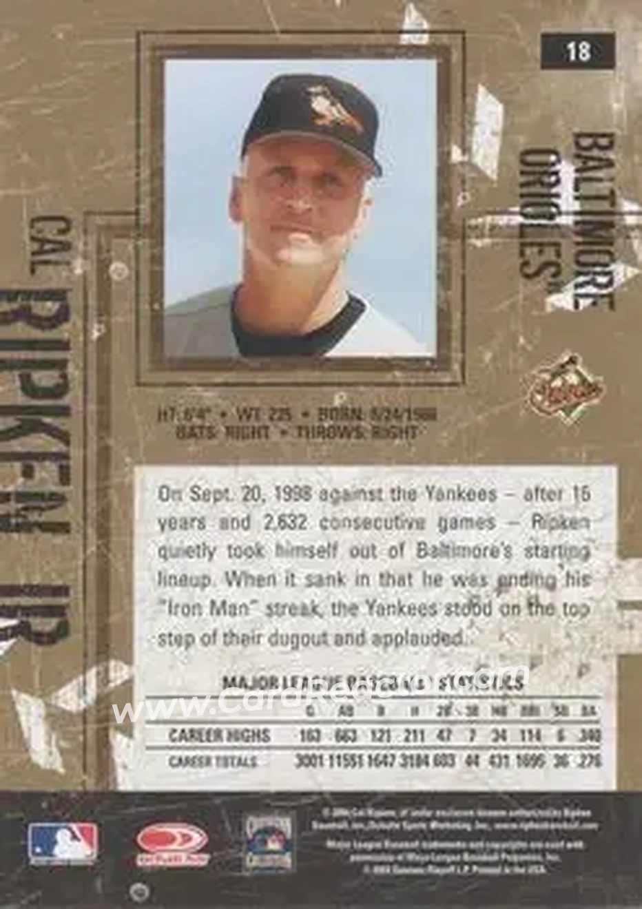 2004 Donruss Leather & Lumber #18 - Cal Ripken - Baltimore Orioles - Back
