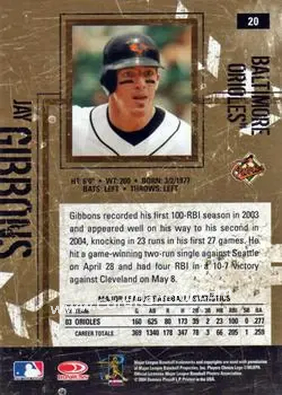 2004 Donruss Leather & Lumber #20 - Jay Gibbons - Baltimore Orioles - Back