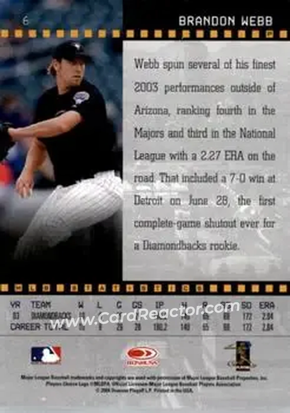 2004 Donruss Studio #6 - Brandon Webb - Arizona Diamondbacks - Back