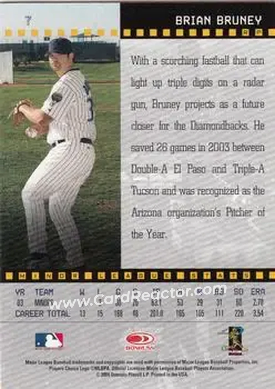 2004 Donruss Studio #7 - Brian Bruney - Arizona Diamondbacks - Back