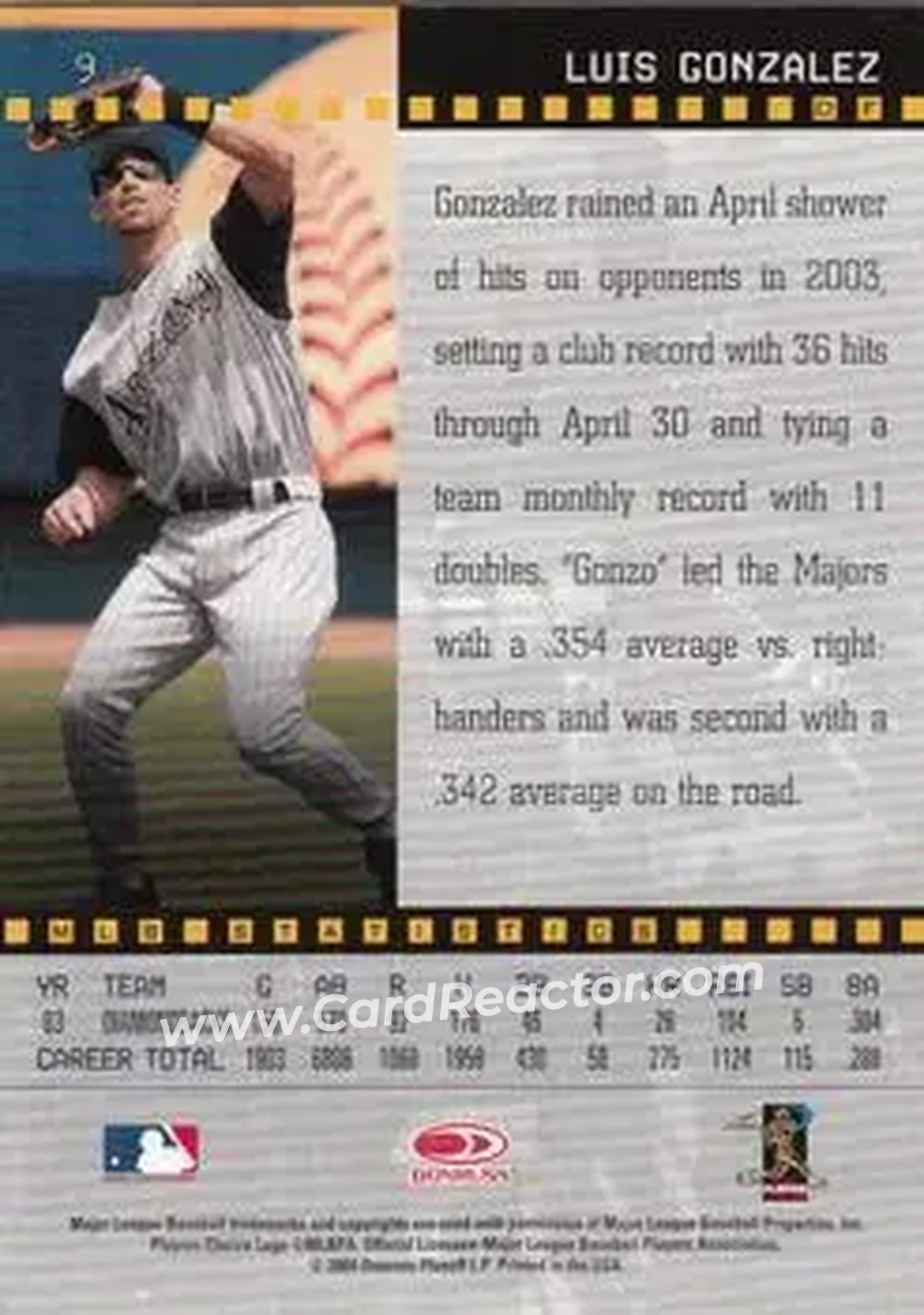 2004 Donruss Studio #9 - Luis Gonzalez - Arizona Diamondbacks - Back