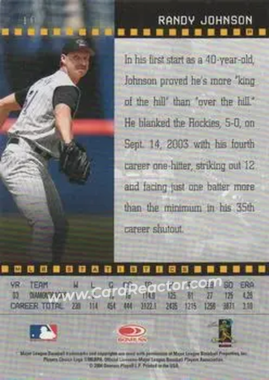 2004 Donruss Studio #10 - Randy Johnson - Arizona Diamondbacks - Back 2004 Donruss Studio #10 - Randy Johnson - Arizona Diamondbacks - Back