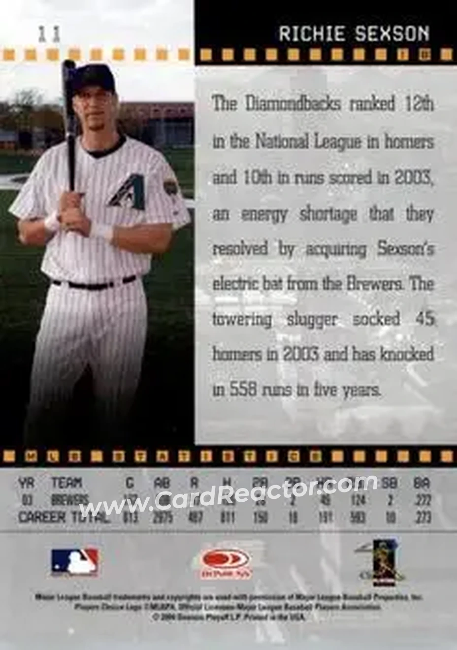 2004 Donruss Studio #11 - Richie Sexson - Arizona Diamondbacks - Back