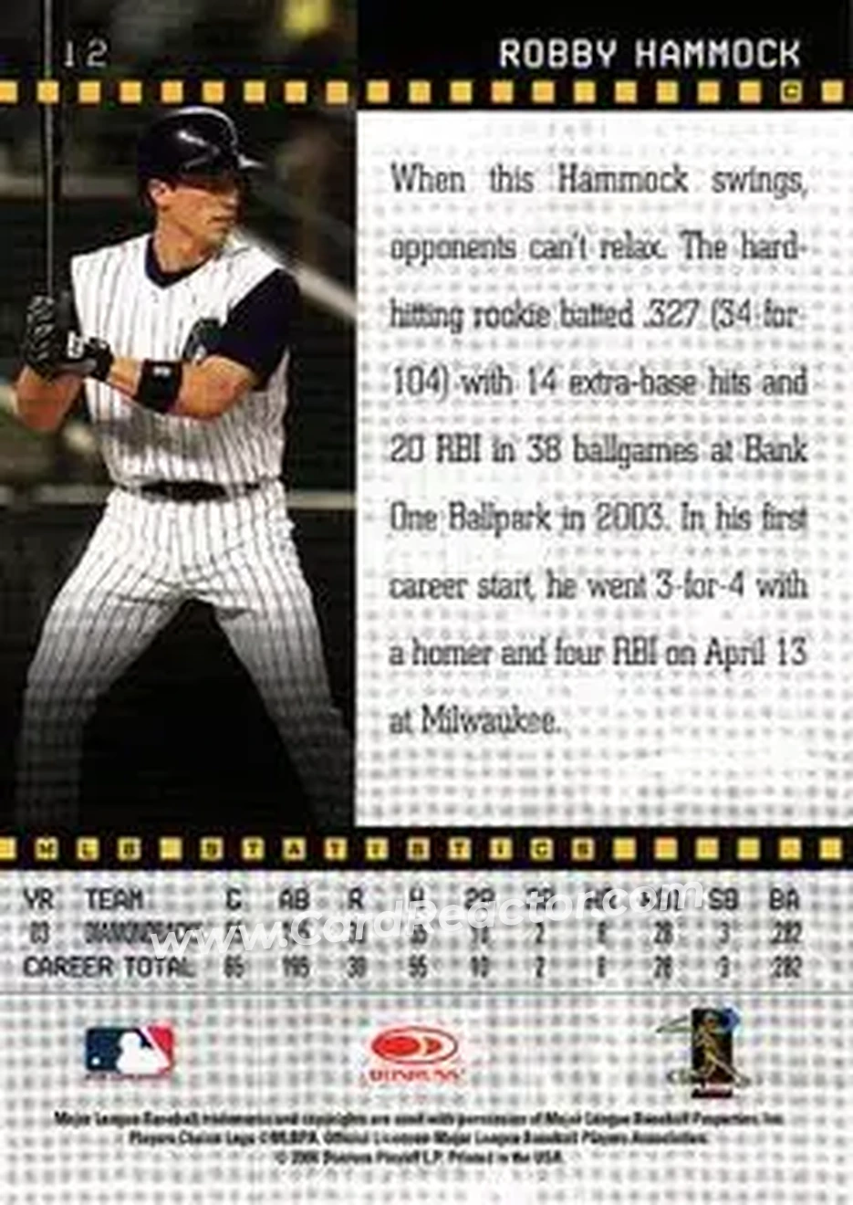 2004 Donruss Studio #12 - Robby Hammock - Arizona Diamondbacks - Back