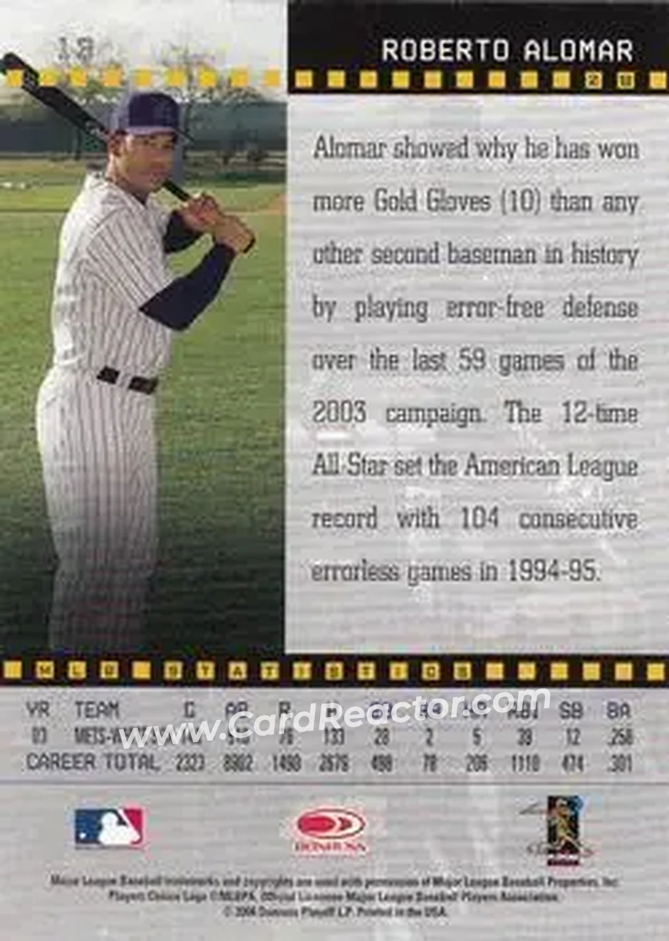 2004 Donruss Studio #13 - Roberto Alomar - Arizona Diamondbacks - Back