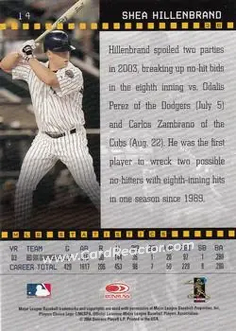 2004 Donruss Studio #14 - Shea Hillenbrand - Arizona Diamondbacks - Back