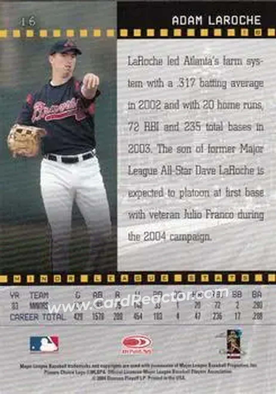 2004 Donruss Studio #16 - Adam LaRoche - Atlanta Braves - Back