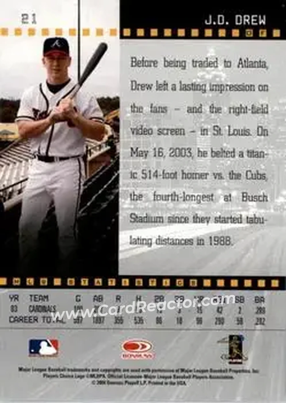 2004 Donruss Studio #21 - J.D. Drew - Atlanta Braves - Back