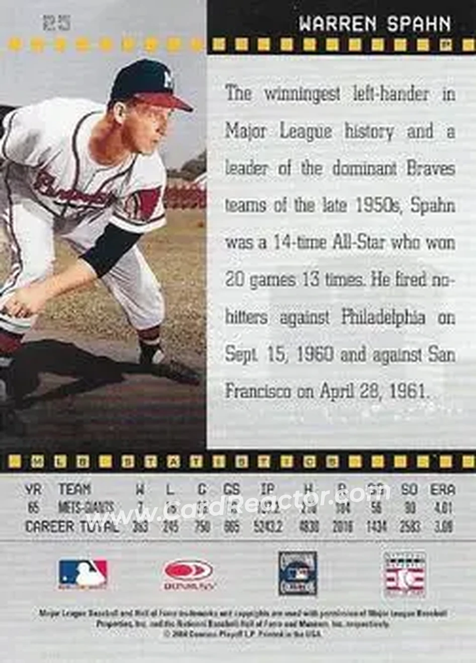 2004 Donruss Studio #25 - Warren Spahn - Milwaukee Braves - Back