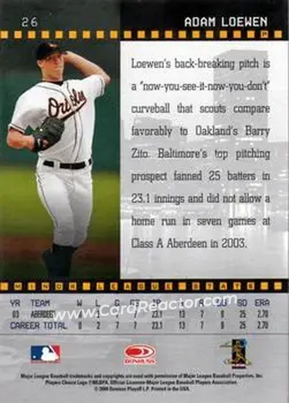 2004 Donruss Studio #26 - Adam Loewen - Baltimore Orioles - Back