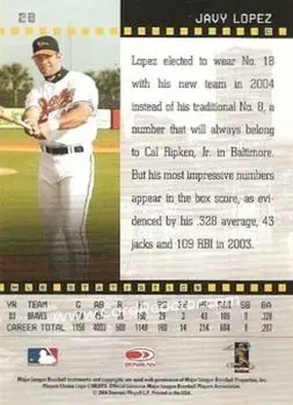 2004 Donruss Studio #28 - Javier Lopez - Baltimore Orioles - Back