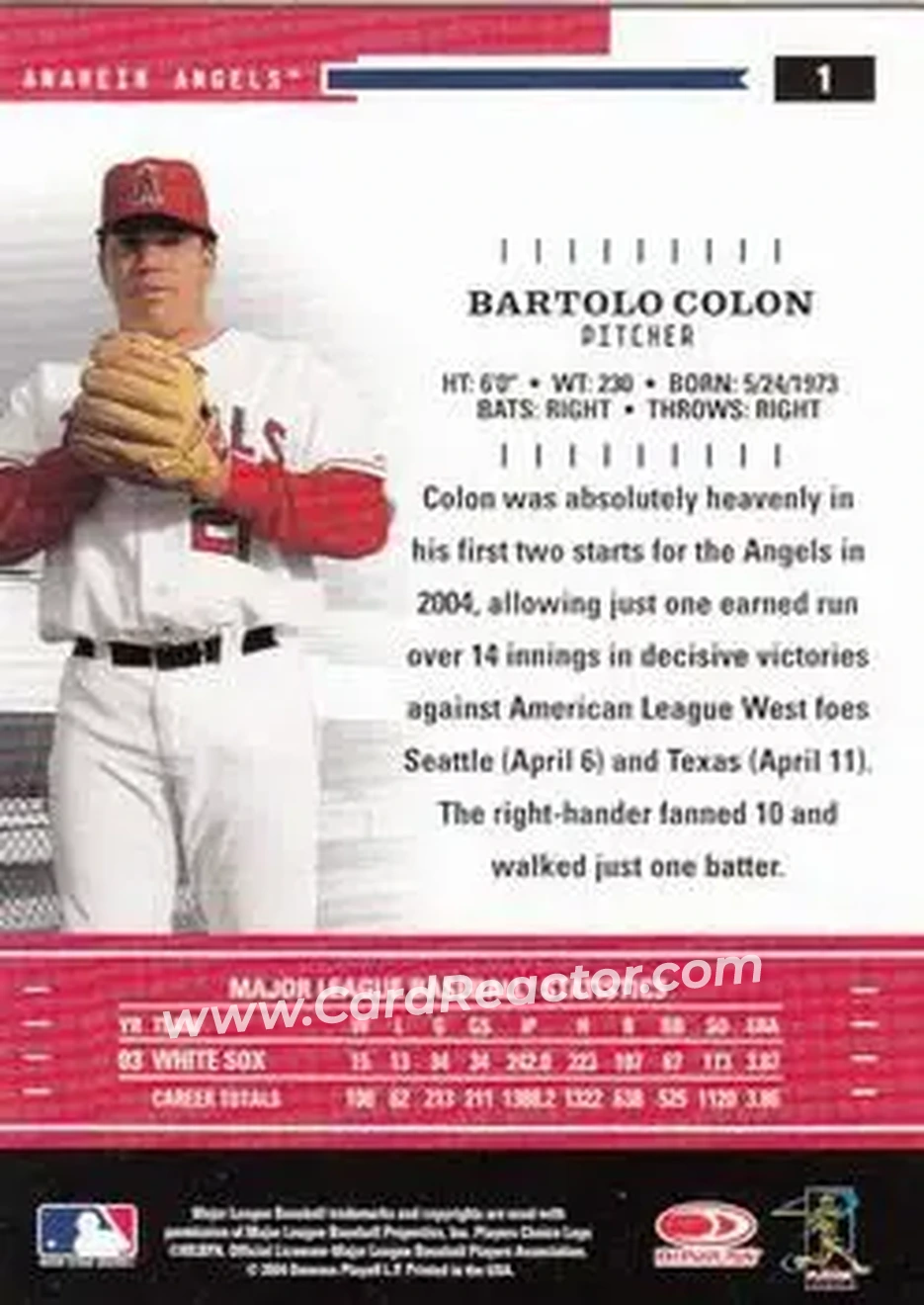 2004 Donruss Throwback Threads #1 - Bartolo Colon - Anaheim Angels - Back