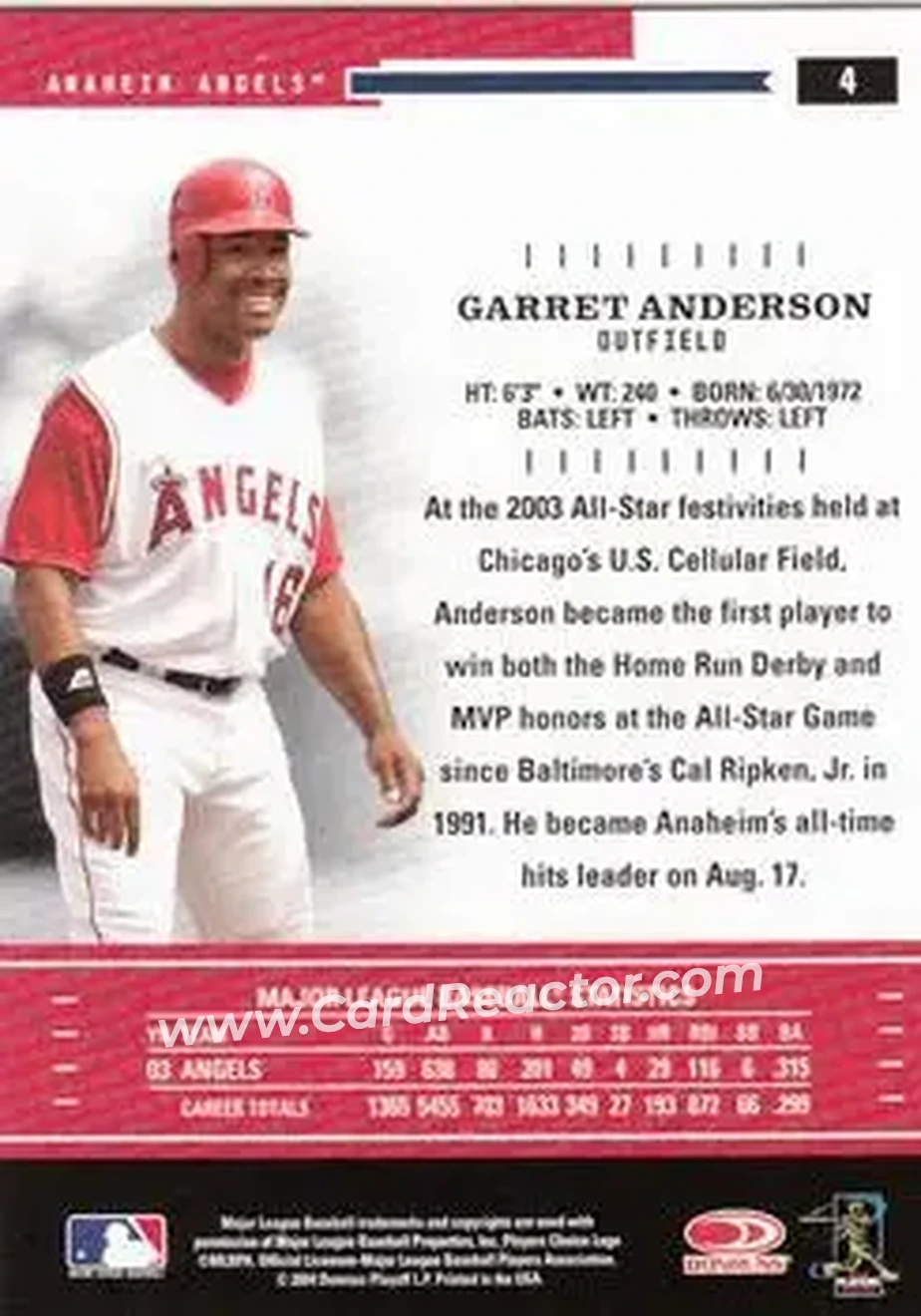 2004 Donruss Throwback Threads #4 - Garret Anderson - Anaheim Angels - Back