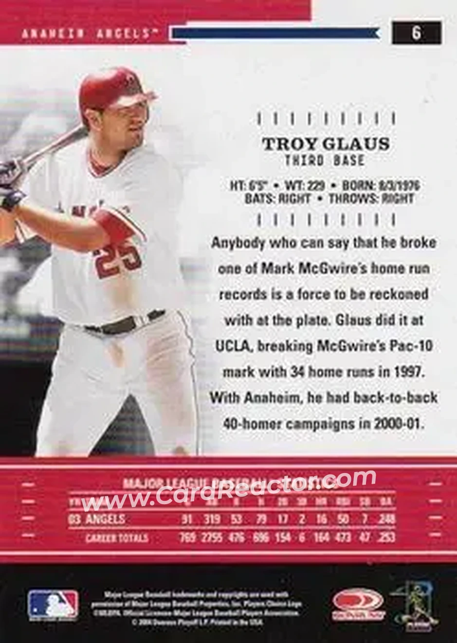 2004 Donruss Throwback Threads #6 - Troy Glaus - Anaheim Angels - Back