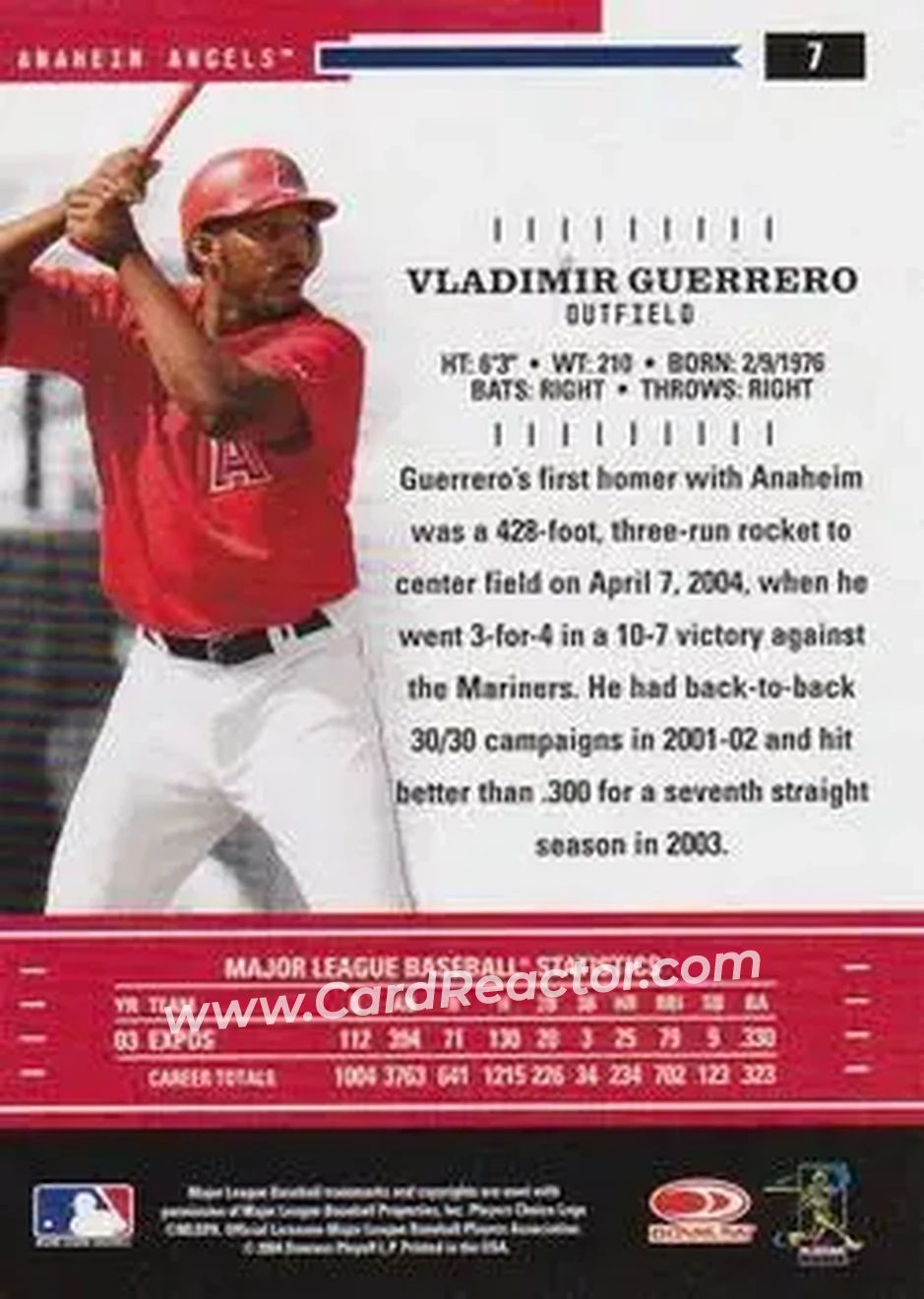 2004 Donruss Throwback Threads #7 - Vladimir Guerrero - Anaheim Angels - Back
