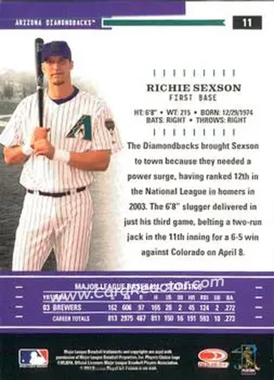 2004 Donruss Throwback Threads #11 - Richie Sexson - Arizona Diamondbacks - Back