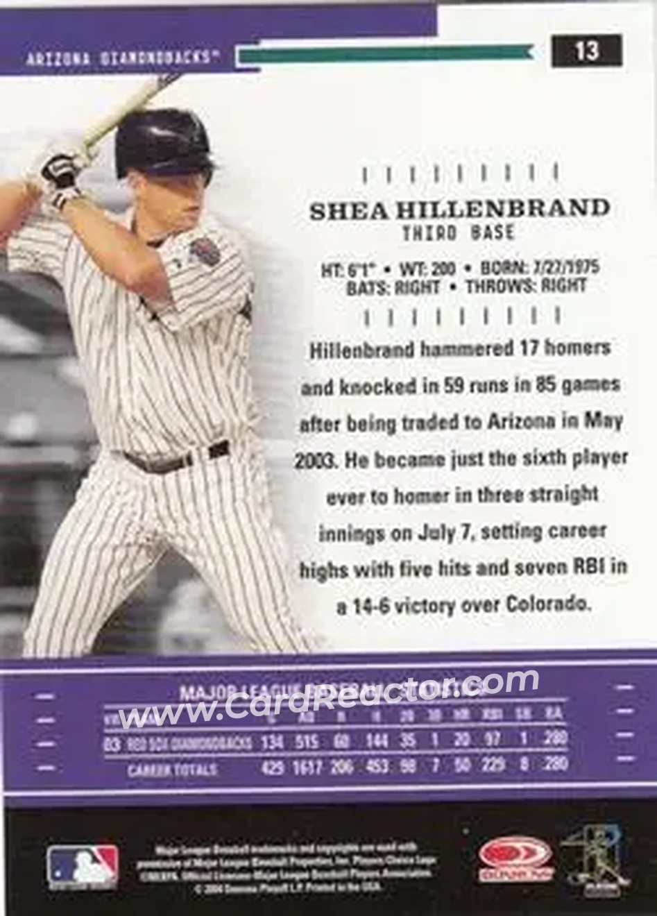 2004 Donruss Throwback Threads #13 - Shea Hillenbrand - Arizona Diamondbacks - Back