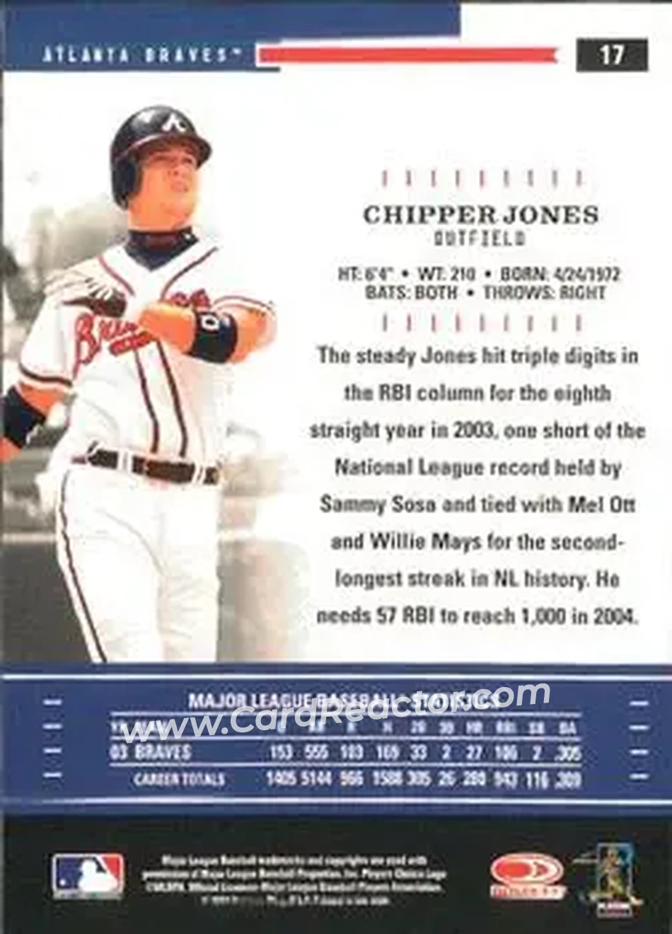2004 Donruss Throwback Threads #17 - Chipper Jones - Atlanta Braves - Back 2004 Donruss Throwback Threads #17 - Chipper Jones - Atlanta Braves - Back