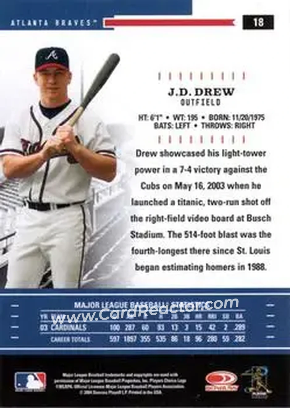 2004 Donruss Throwback Threads #18 - J.D. Drew - Atlanta Braves - Back