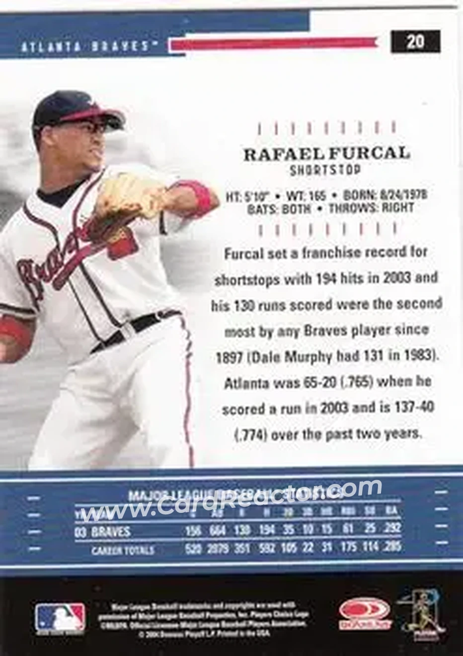 2004 Donruss Throwback Threads #20 - Rafael Furcal - Atlanta Braves - Back