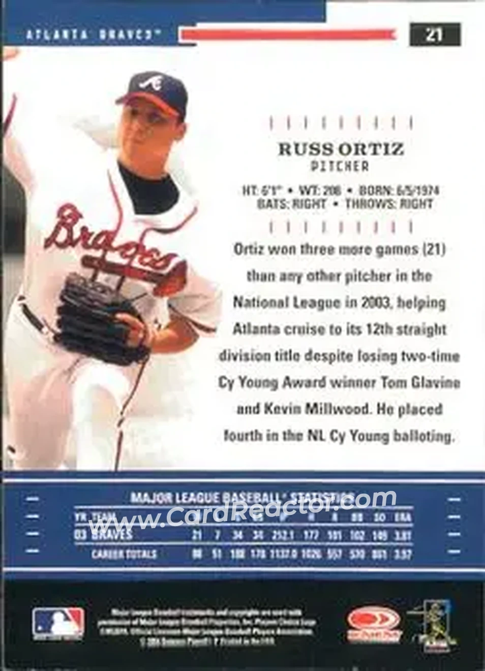 2004 Donruss Throwback Threads #21 - Russ Ortiz - Atlanta Braves - Back