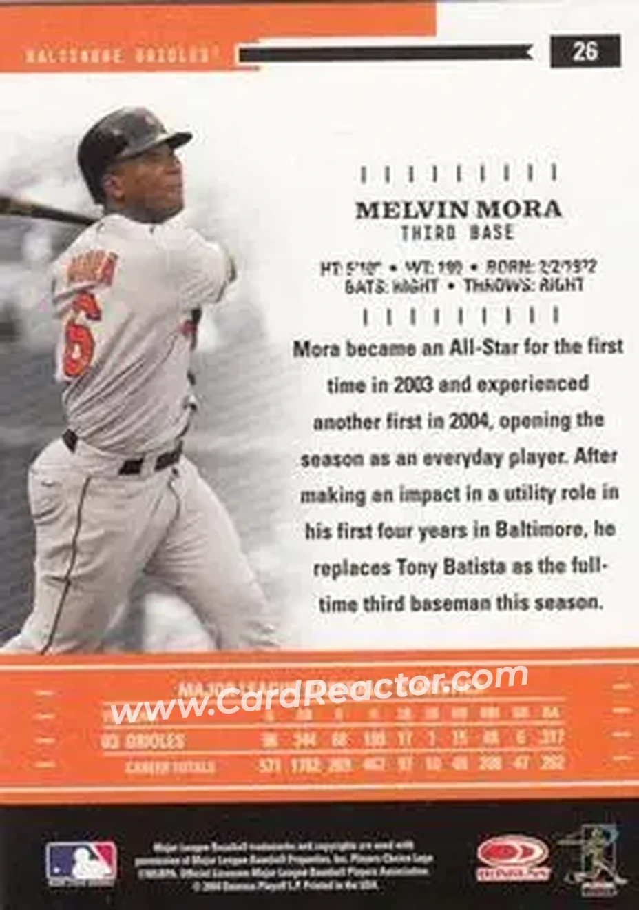 2004 Donruss Throwback Threads #26 - Melvin Mora - Baltimore Orioles - Back