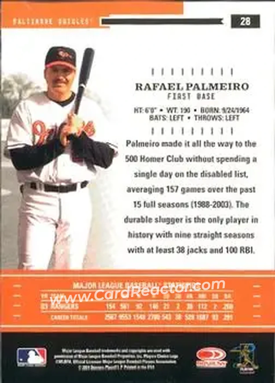 2004 Donruss Throwback Threads #28 - Rafael Palmeiro - Baltimore Orioles - Back 2004 Donruss Throwback Threads #28 - Rafael Palmeiro - Baltimore Orioles - Back
