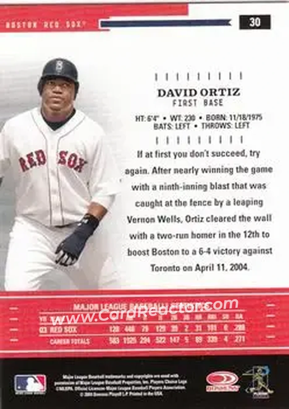 2004 Donruss Throwback Threads #30 - David Ortiz - Boston Red Sox - Back