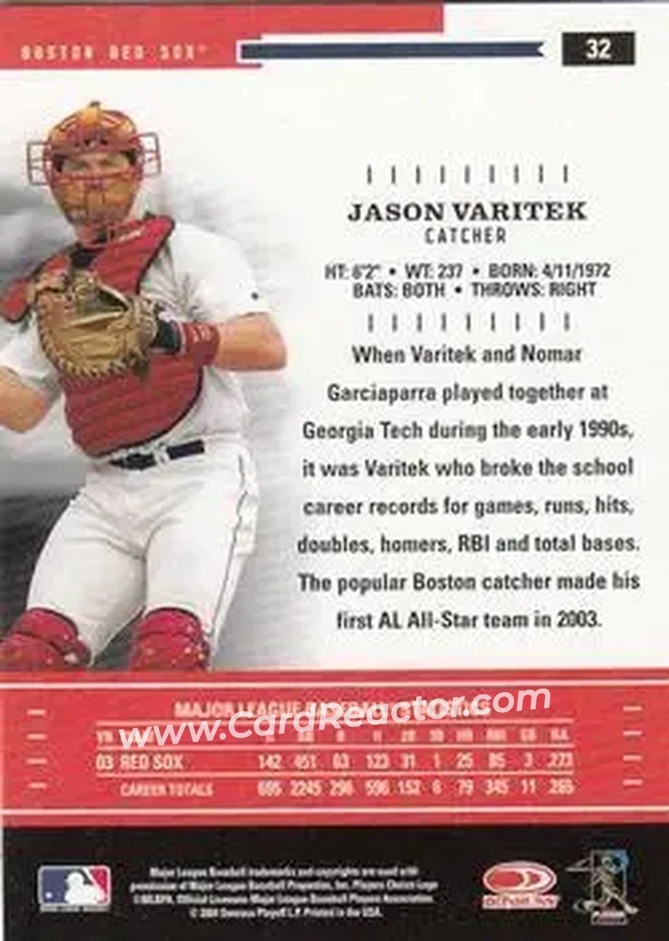 2004 Donruss Throwback Threads #32 - Jason Varitek - Boston Red Sox - Back