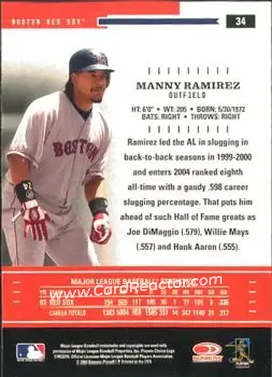 2004 Donruss Throwback Threads #34 - Manny Ramirez - Boston Red Sox - Back 2004 Donruss Throwback Threads #34 - Manny Ramirez - Boston Red Sox - Back