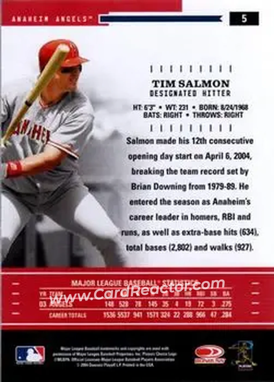 2004 Donruss Throwback Threads #5 - Tim Salmon - Anaheim Angels - Back