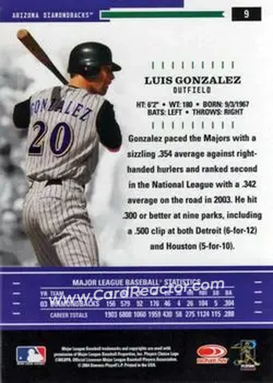2004 Donruss Throwback Threads #9 - Luis Gonzalez - Arizona Diamondbacks - Back