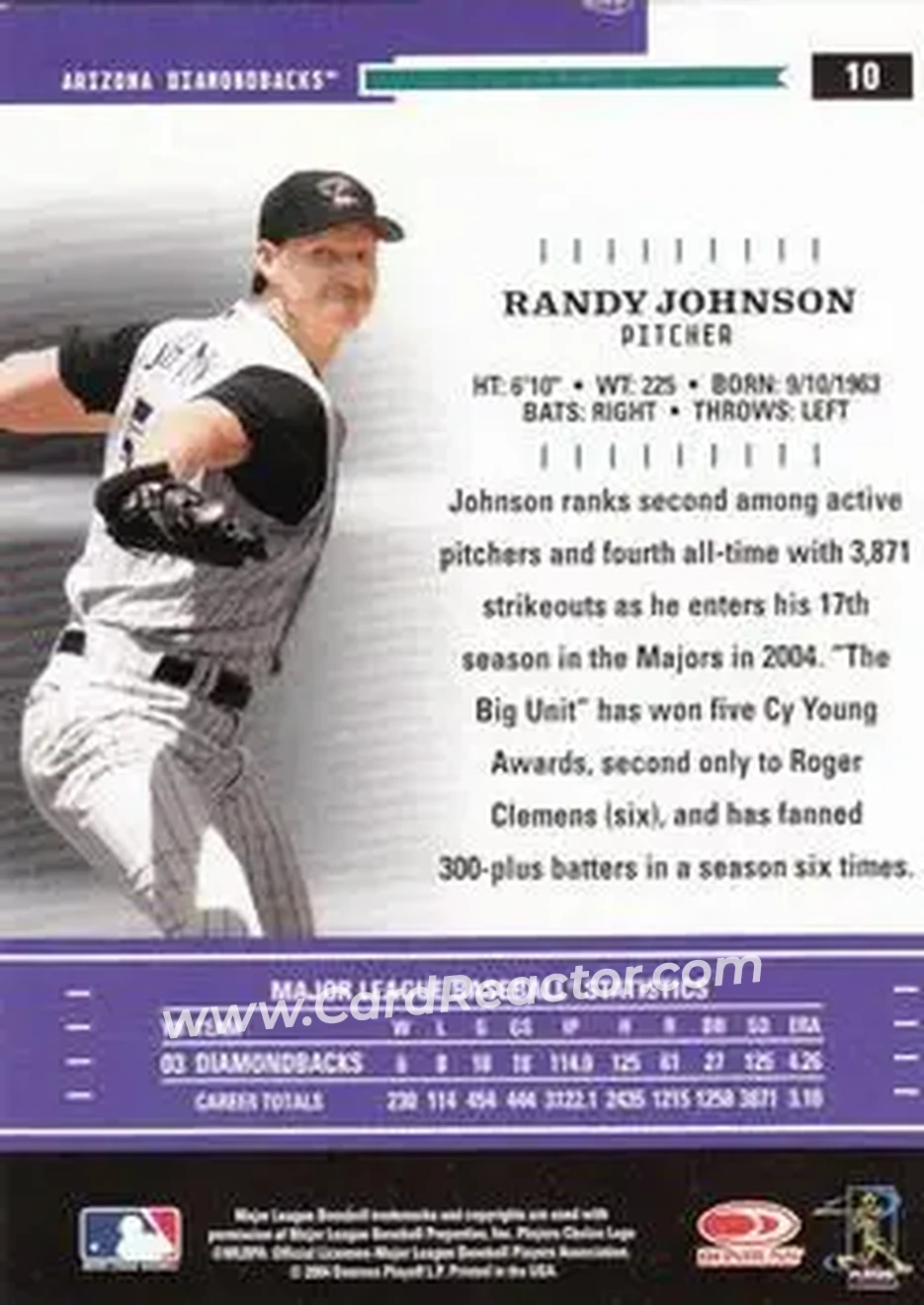 2004 Donruss Throwback Threads #10 - Randy Johnson - Arizona Diamondbacks - Back