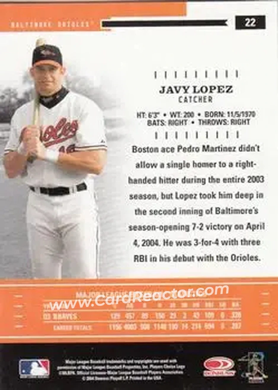 2004 Donruss Throwback Threads #22 - Javier Lopez - Baltimore Orioles - Back