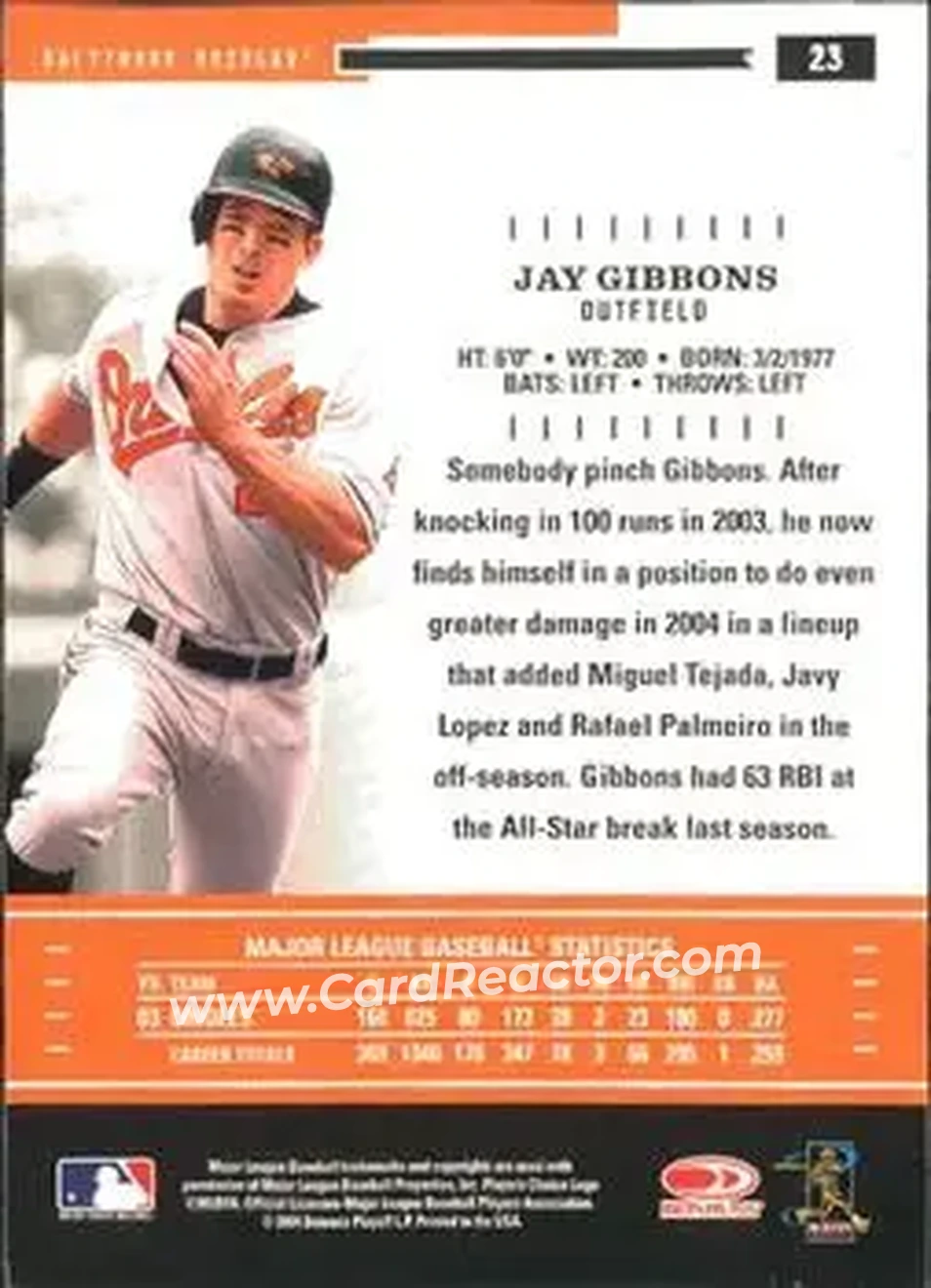 2004 Donruss Throwback Threads #23 - Jay Gibbons - Baltimore Orioles - Back