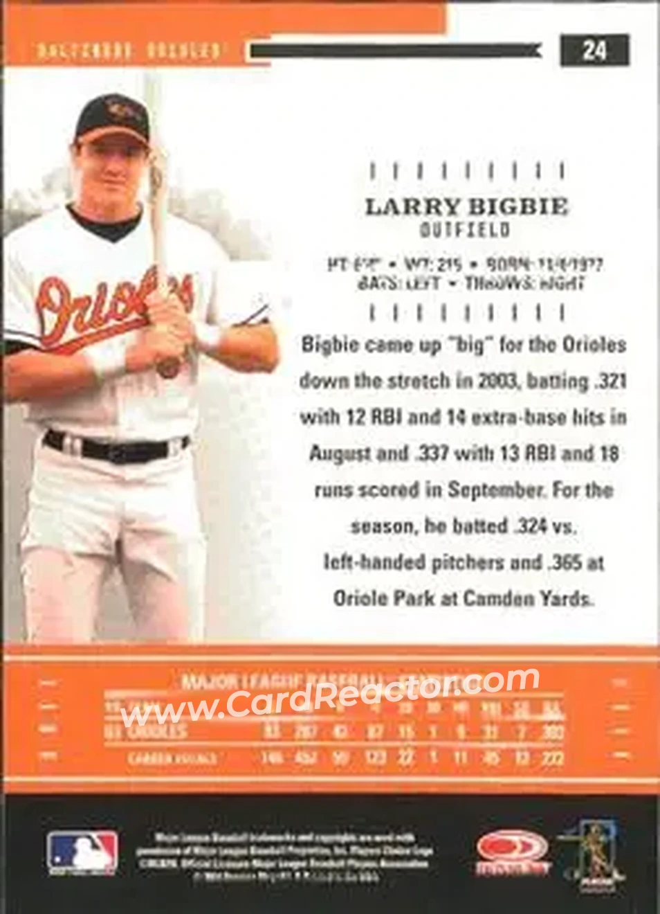2004 Donruss Throwback Threads #24 - Larry Bigbie - Baltimore Orioles - Back