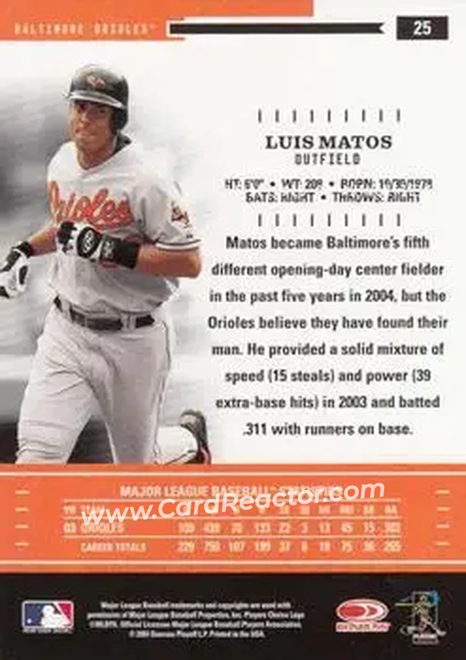 2004 Donruss Throwback Threads #25 - Luis Matos - Baltimore Orioles - Back