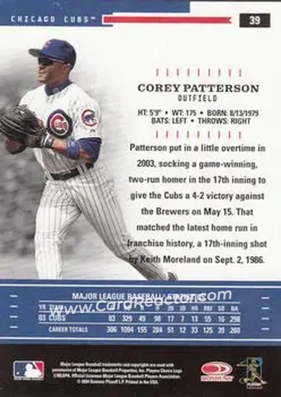 2004 Donruss Throwback Threads #39 - Corey Patterson - Chicago Cubs - Back