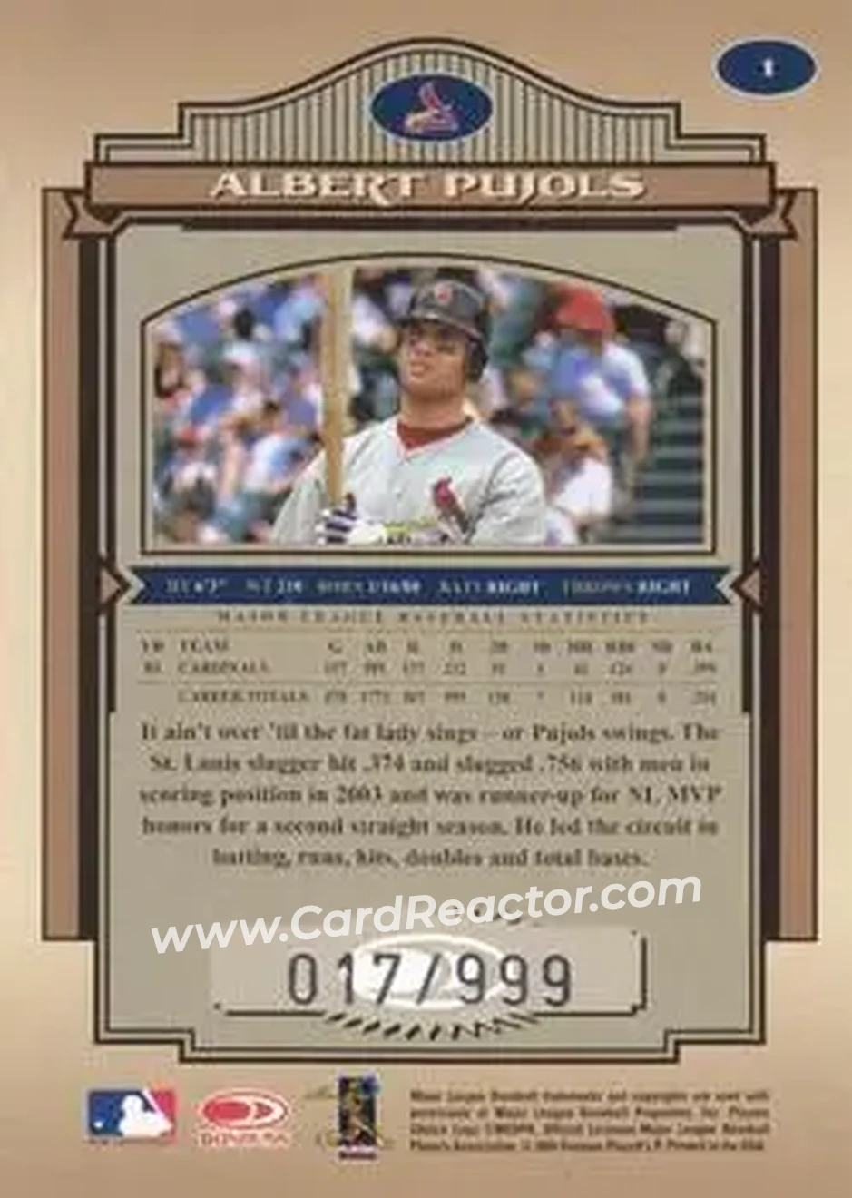 2004 Donruss Timeless Treasures #1 - Albert Pujols - St. Louis Cardinals - Back