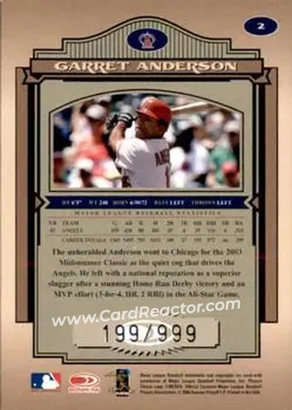 2004 Donruss Timeless Treasures #2 - Garret Anderson - Anaheim Angels - Back